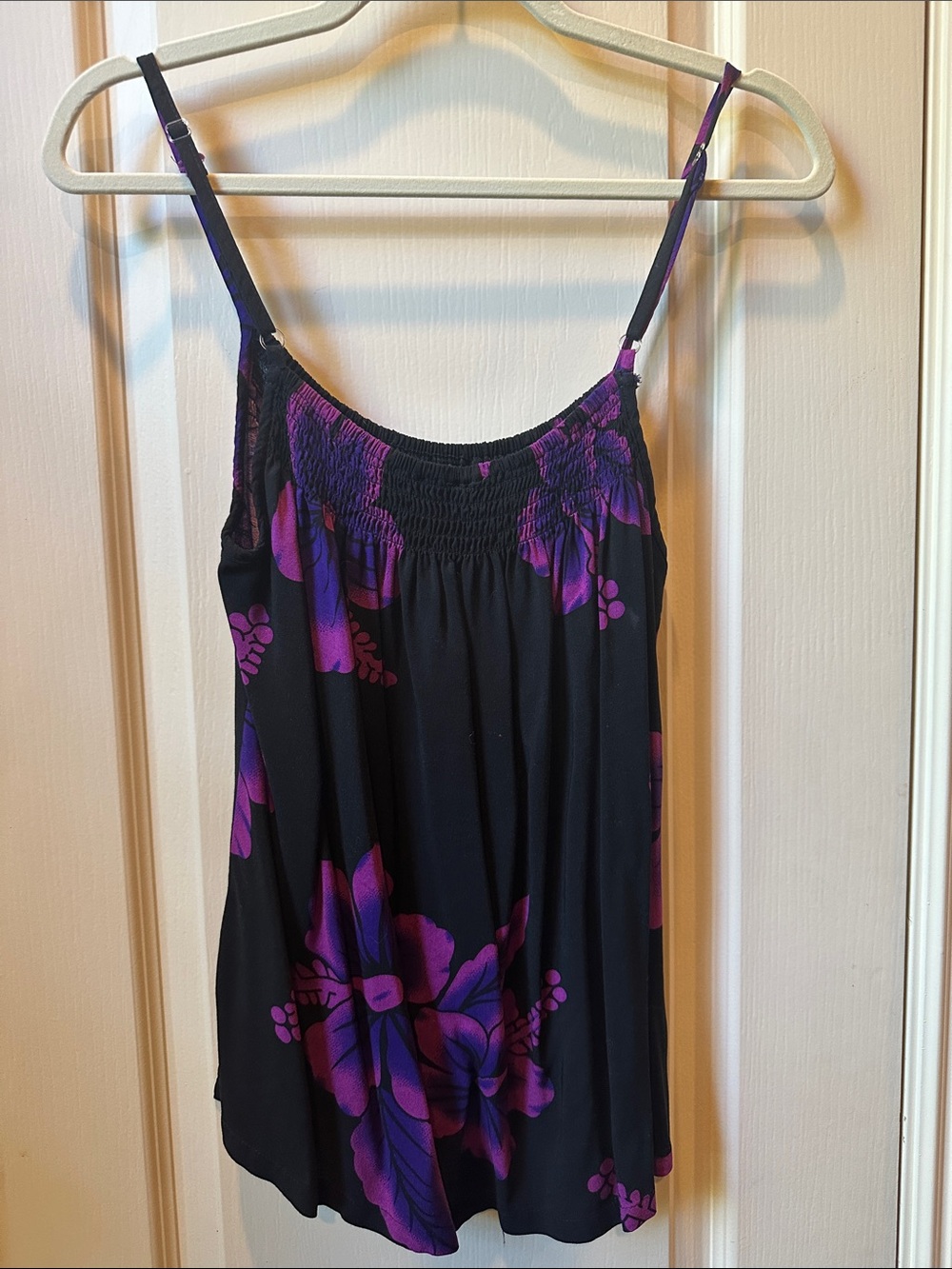 Aloha Hut Floral Smocked Black Camisole with Purple Print